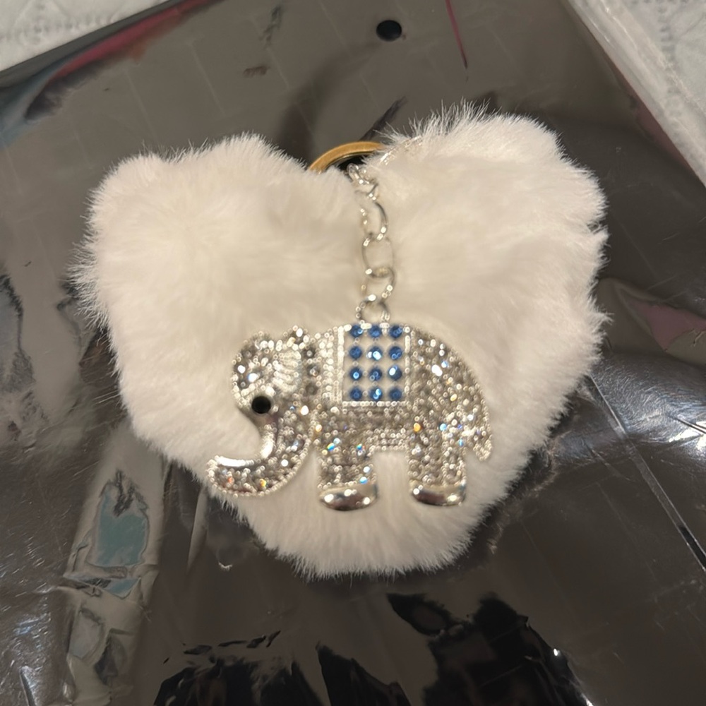 Elephant Rhinestone Keychain with Heart Pom Pom